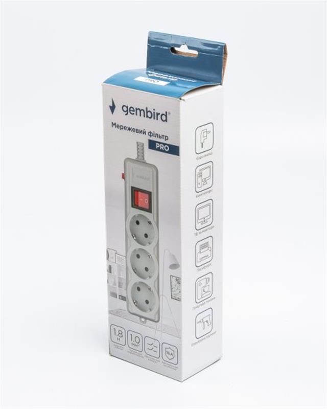 Фільтр живлення Gembird Pro (SPG3-G-6G-PRO) 3 розетки, 1.8м, сірий