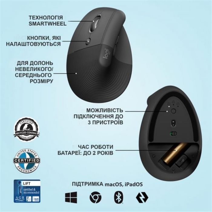 Миша бездротова Logitech Lift Left Vertical Ergonomic (910-006495) Graphite USB