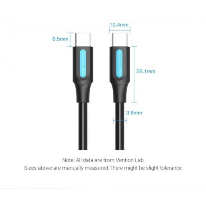 Кабель Vention USB Type-C - USB Type-C (M/M) TPE Round PD 60W, 3A, 2 м, Black (COSBH)