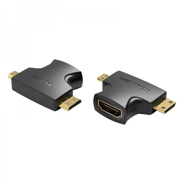 Адаптер 2 в 1 Vention HDMI - Mini-HDMI - micro-HDMI (F/M), (4K 30Hz MiniHDMI), (1080p 60Hz MicroHDMI), Black (AGFB0)