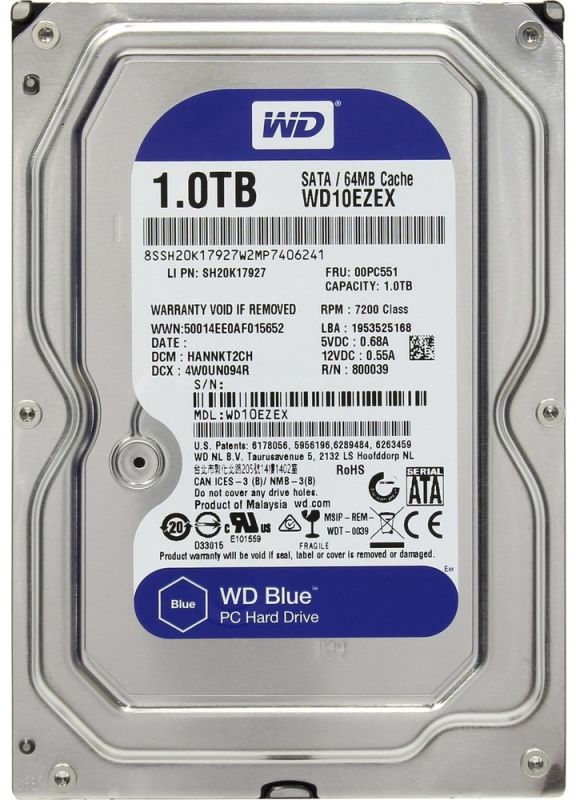 Накопичувач HDD SATA 1.0TB WD Blue 7200rpm 64MB (WD10EZEX) Refurbished