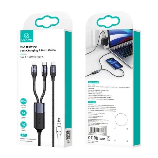 Кабель Usams US-SJ550 U71 USB Type-C - Lightning + USB Type-C (M/M), 100W, 1.2 м, Black (6958444977065)
