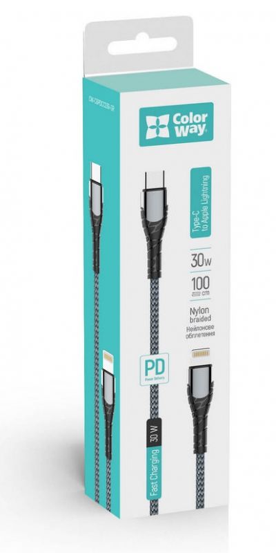 Кабель ColorWay USB-C - Lightning (M/M), PD Fast Charging, 3 А, 1 м, Grey (CW-CBPDCL033-GR)