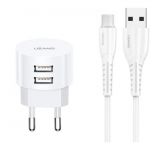 Мережевий зарядний пристрій Usams T20 (2USB, 2.1А) White (XTXLOGT18MC05) + кабель MicroUSB
