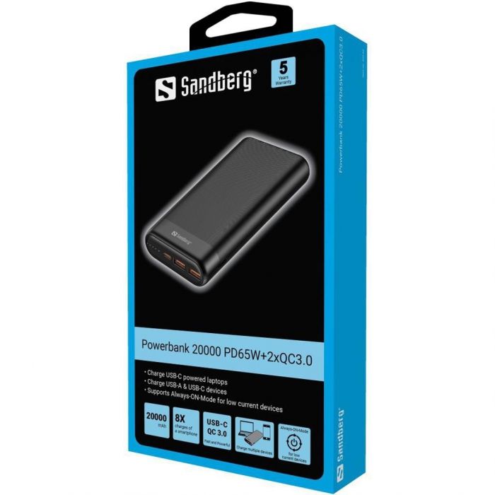 Універсальна мобільна батарея Sandberg Powerbank 20000mAh PD 65W Black (420-62)