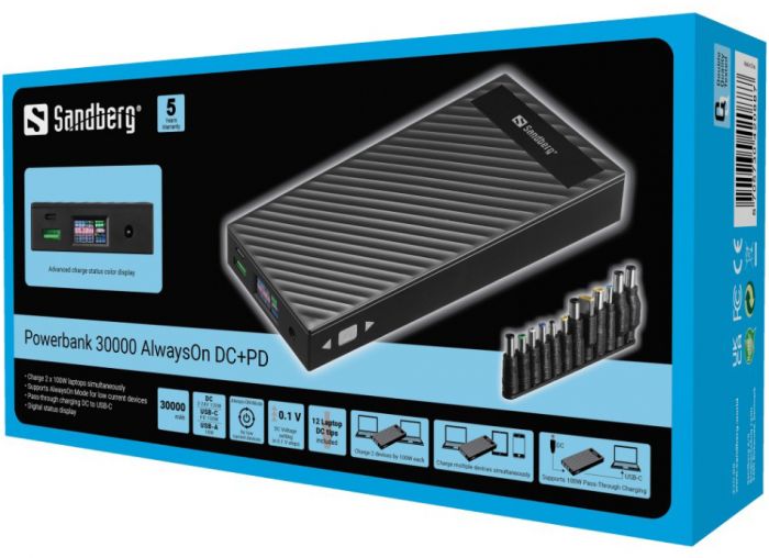 Універсальна мобільна батарея Sandberg AlwaysOn Powerbank 30000mAh DC+PD 120W Black (420-88)