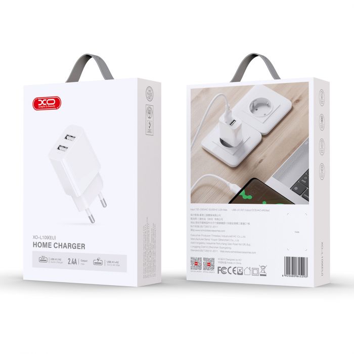 Мережевий зарядний пристрій XO L109 (2USB, 2.4А) White (L109.white)
