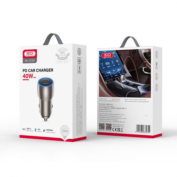 Автомобільний зарядний пристрій XO CC51 (2USB-C, 3А) PD Tranish (CC51.tranish)