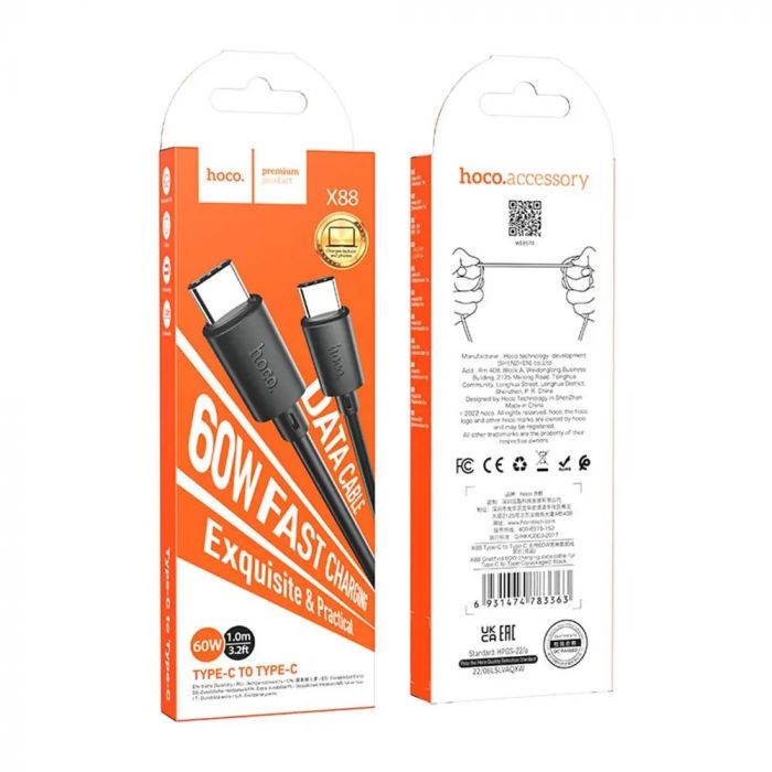 Кабель Hoco X88 Gratified 60W USB Type-C - USB Type-C, 1 м, Black (6931474783363)