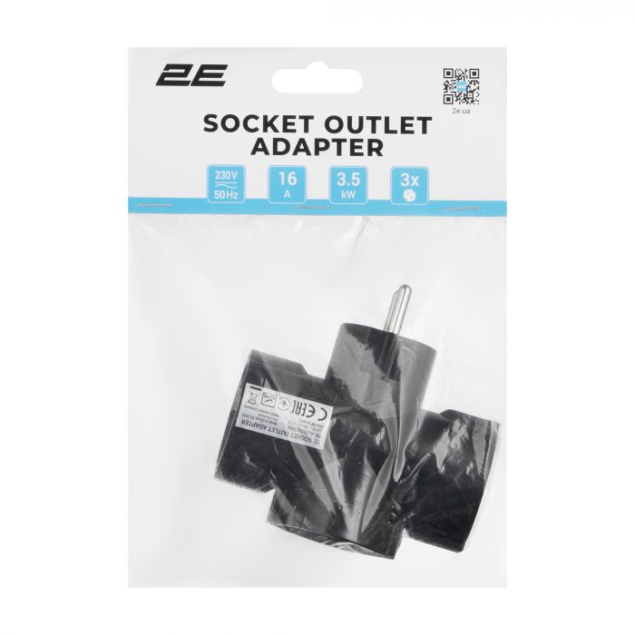 Мережевий адаптер 2E 3xТип F, 16A, чорний (2E-AD0103BK)
