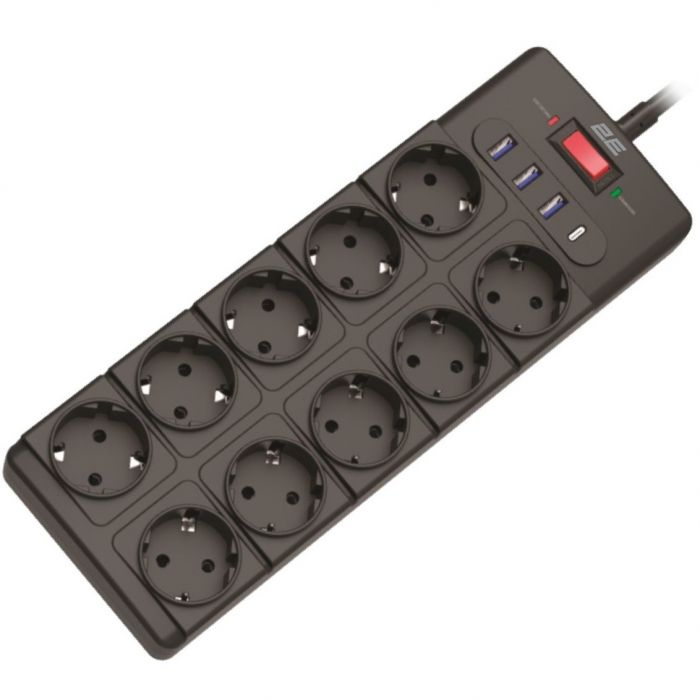 Мережевий фільтр 2E 10xТипF, 16A, 3xUSB-A, 1x USB-C, 3 м, чорний (2E-SP10M3USBBK)