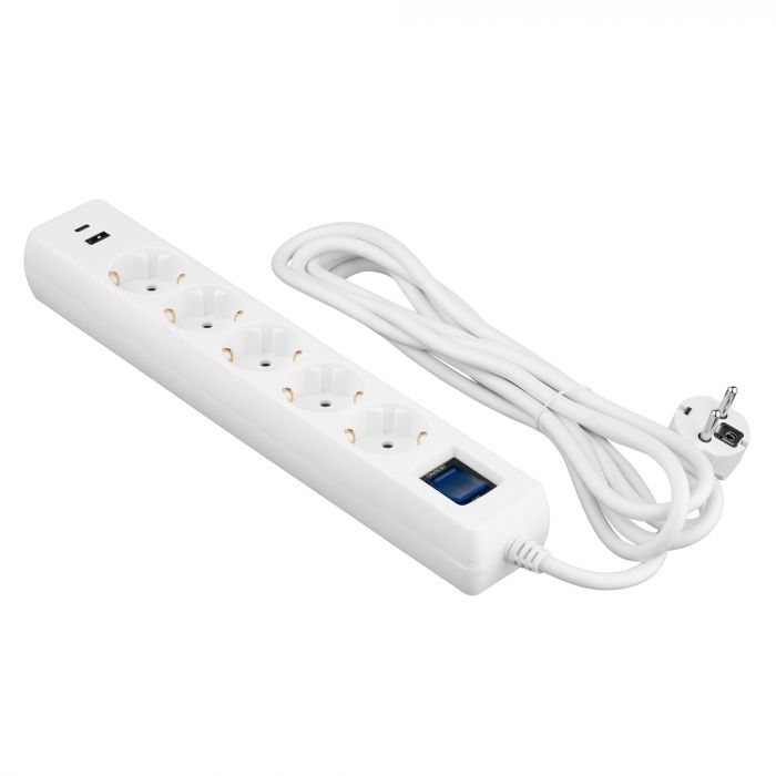 Мережевий фільтр 2E 5хSchuko, 1 х USB, 1 x USB-C, 3 м (2E-SP515M3USBWH)