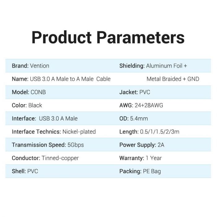 Кабель Vention USB - USB V 3.0 (M/M), 0.5 м, Black (CONBD)