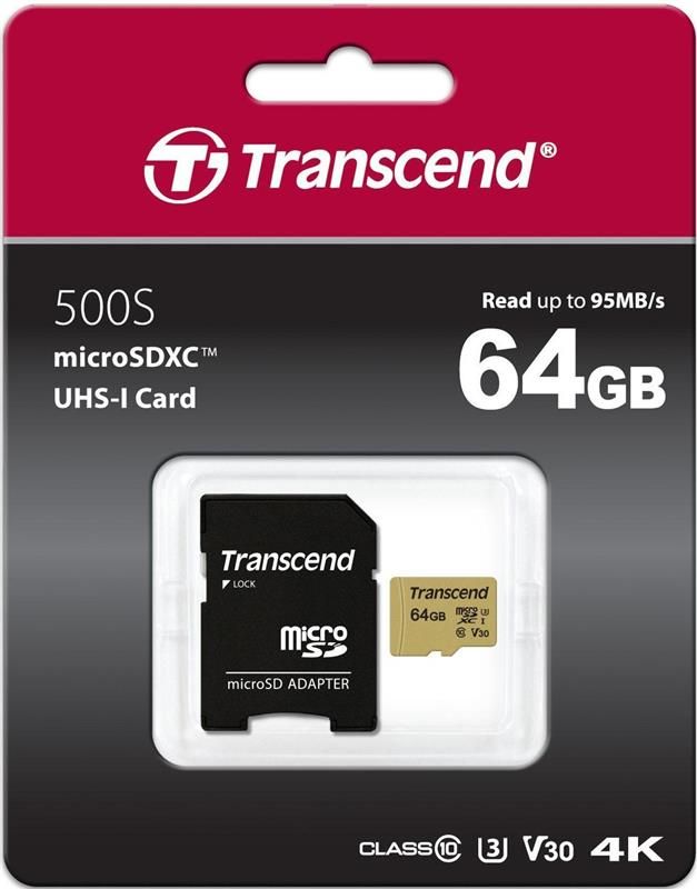 Карта пам`ятi MicroSDXC 64GB UHS-I/U3 Class 10 Transcend 500S + SD-adapter (TS64GUSD500S)