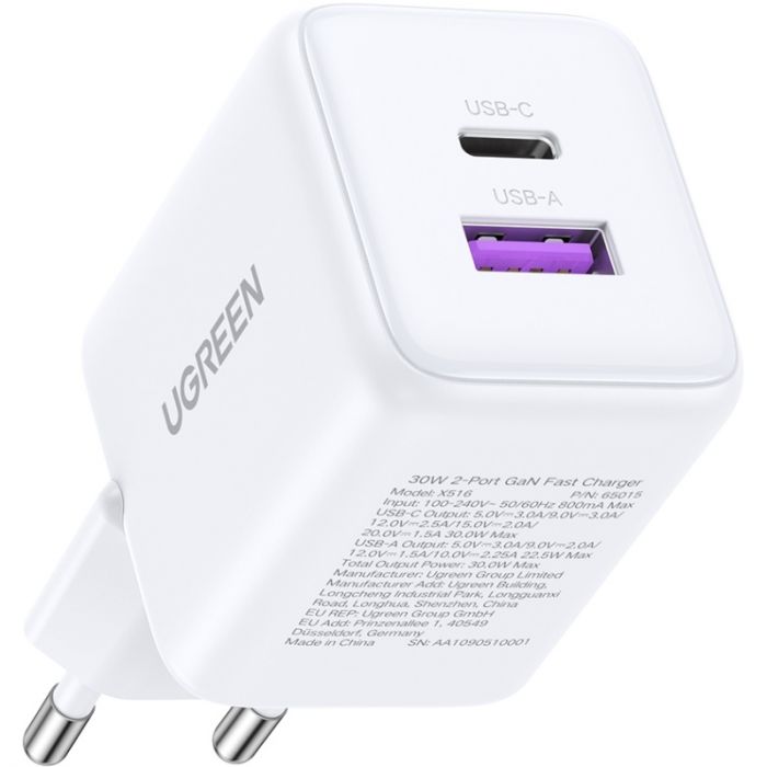 Зарядний пристрій Ugreen X516 2xUSB 30W (USB-A + USB-C) White (65015)