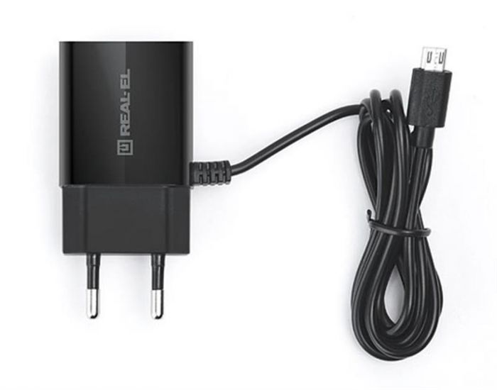 Мережевий зарядний пристрій REAL-EL CH-215 (2USB, 2.1A) Black + кабель microUSB