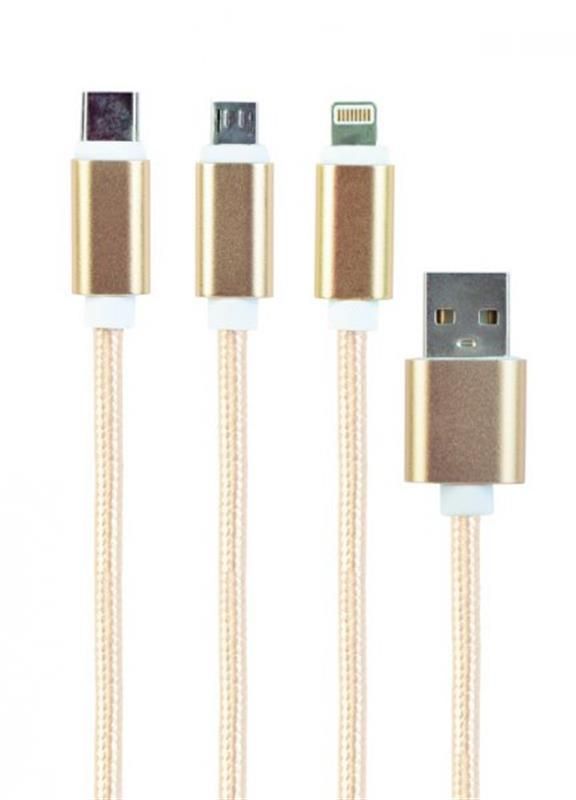 Кабель Cablexpert (CC-USB2-AM31-1M-G) USB BM - Lightning/MicroUSB/USB-C, 1м, золотистий
