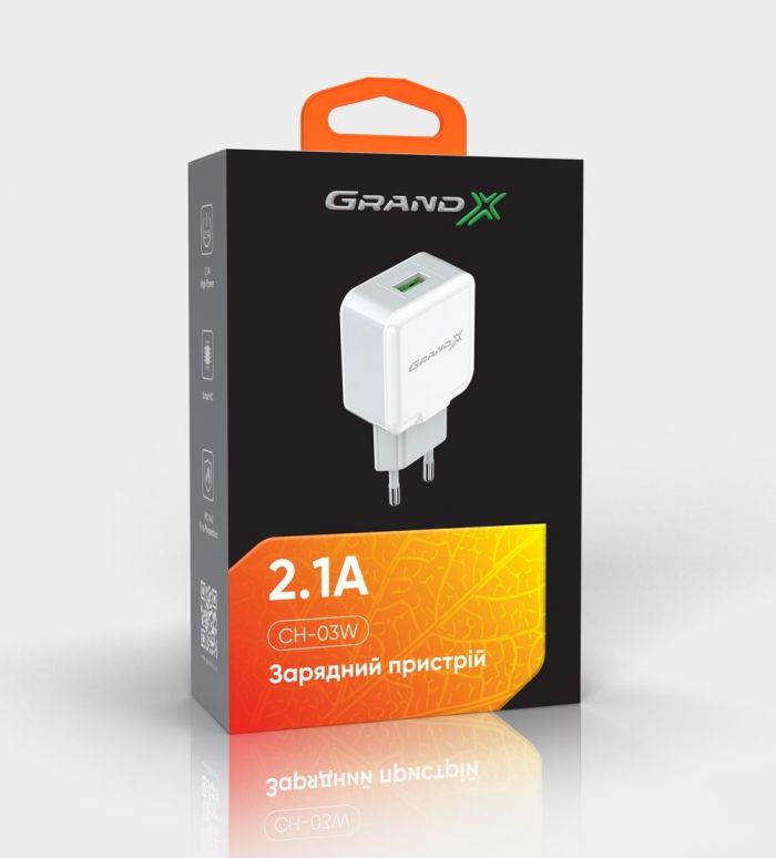 Мережевий зарядний пристрій Grand-X (1xUSB 2.1A) White (CH-03W)