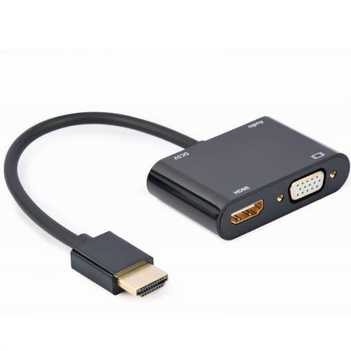 Адаптер Cablexpert HDMI - HDMI/VGA+Аудіо 3.5 мм, M/F, 0.15 м, чорний (A-HDMIM-HDMIFVGAF-01) коробка