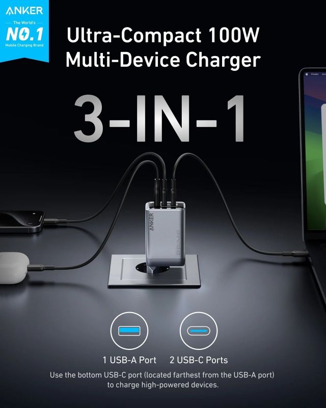 Мережевий зарядний пристрій Anker PowerPort GaNPrime 100W 2xUSB Type-C, USB Type-A Silver (A2688341)