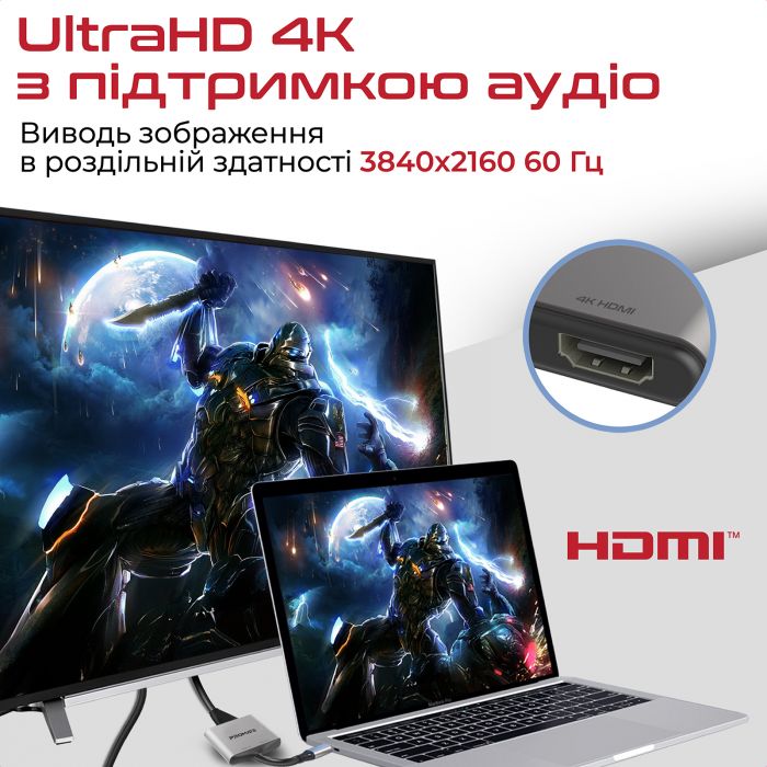 Адаптер Promate USB Type-C - 2xHDMI (M/F) MediaLink-H2 Grey (medialink-h2.grey)