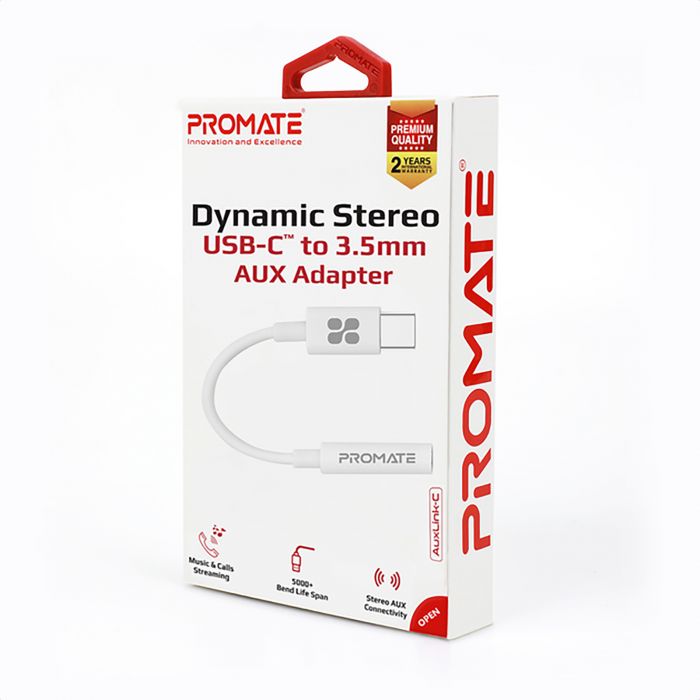 Адаптер Promate AuxLink-C USB Type-C - 3.5 мм (M/F), 0.2 м, White