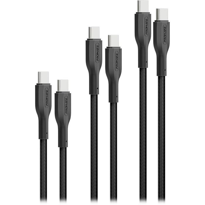 Комплект кабелів Promate USB Type-C - USB Type-C (M/M), 3A, 60W, 0.3 м, 1.2 м, 2 м Black (cablekit-cc.black)