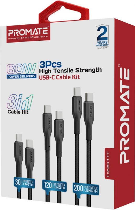 Комплект кабелів Promate USB Type-C - USB Type-C (M/M), 3A, 60W, 0.3 м, 1.2 м, 2 м Black (cablekit-cc.black)
