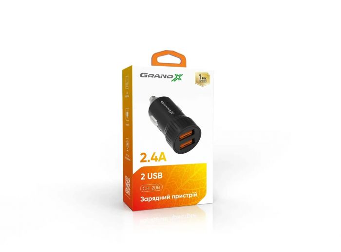 Автомобільний зарядний пристрій Grand-X CH-20B (2xUSB 2.4A) Black