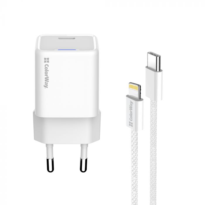 Мережевий зарядний пристрій ColorWay GaN Mini 20W PD Port PPS USB-C White (CW-CHS059PD-WT) + кабель Lightning