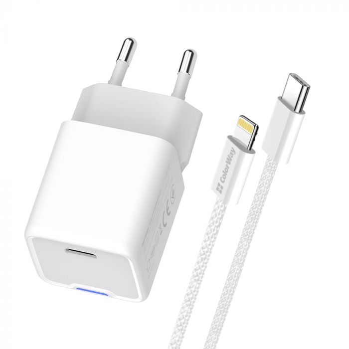 Мережевий зарядний пристрій ColorWay GaN Mini 20W PD Port PPS USB-C White (CW-CHS059PD-WT) + кабель Lightning