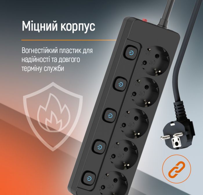Фільтр живлення СolorWay (CW-PSEA52SBK) 5 розеток, 2м, Black