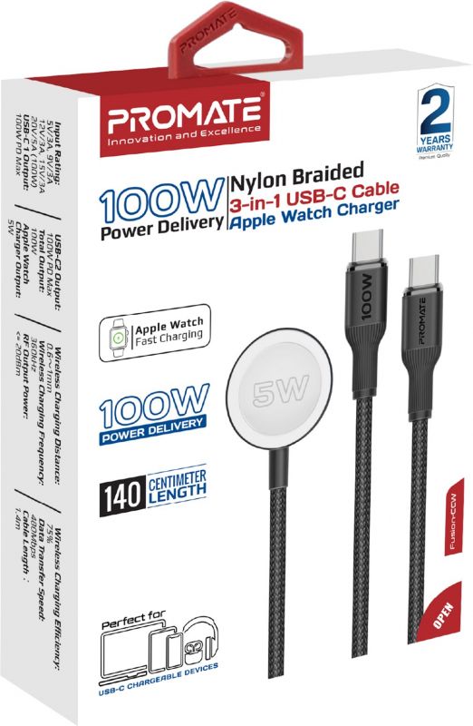 Кабель Promate USB Type-C - 2хUSB Type-C 100W Apple Watch Charger 5W (M/M), 5A, 1.4 м, Black (fusion-ccw.black)