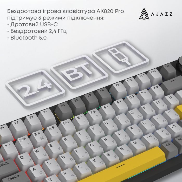 Клавіатура бездротова Ajazz AK820 Pro Flying Fish Switch Black RGB With Screen (AK820PRO-FF-BGY)