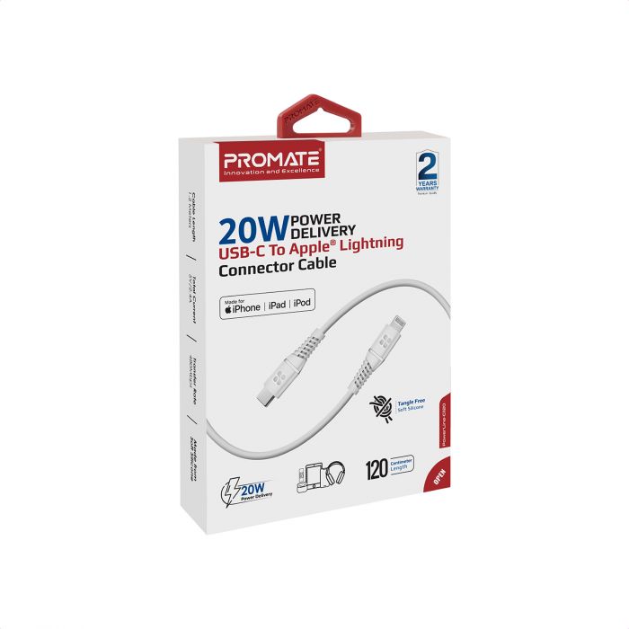 Кабель Promate PowerLine-Ci120 USB Type-C - Lightning (M/M), 3 A, 20 W, 1.2 м, White