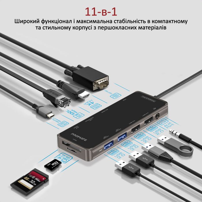 USB-хаб Promate PrimeHub-Pro USB Type-C Grey 