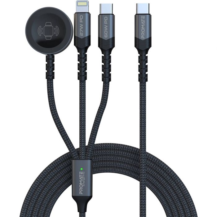 Кабель Promate USB Type-C - USB Type-C (M/M) Lightning 27W 60W Apple MagSafe 1 2.5W, 4A, 1.5 м, Black (icharge-trio.black)