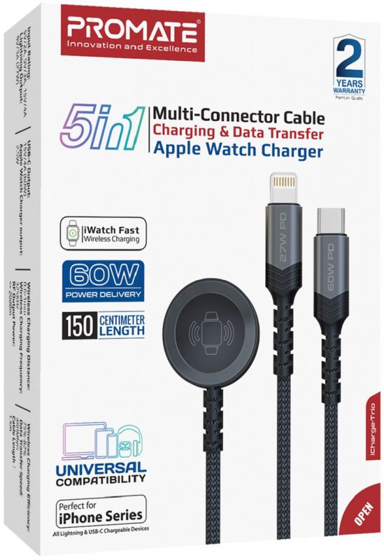 Кабель Promate USB Type-C - USB Type-C (M/M) Lightning 27W 60W Apple MagSafe 1 2.5W, 4A, 1.5 м, Black (icharge-trio.black)