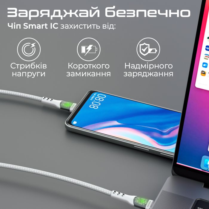 Кабель Promate TransLine-CC200 USB Type-C - USB Type-C (M/M), 3 A, 60 W, 2 м, White