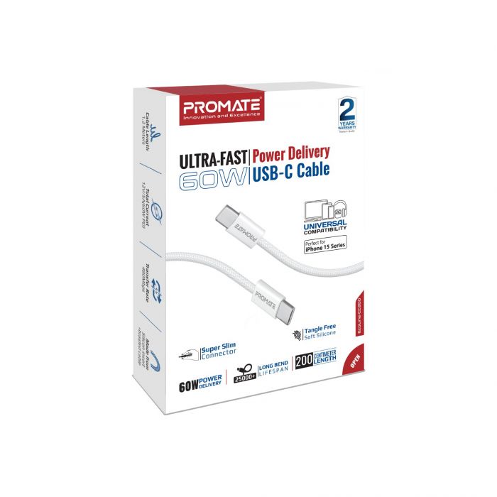 Кабель Promate USB Type-C - USB Type-C (M/M), 3A, 60W, 2 м, White (ecoline-cc200.white)