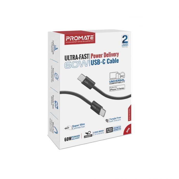 Кабель Promate EcoLine-CC120 USB Type-C - USB Type-C (M/M), 3 A, 60 W, 1.2 м, Black