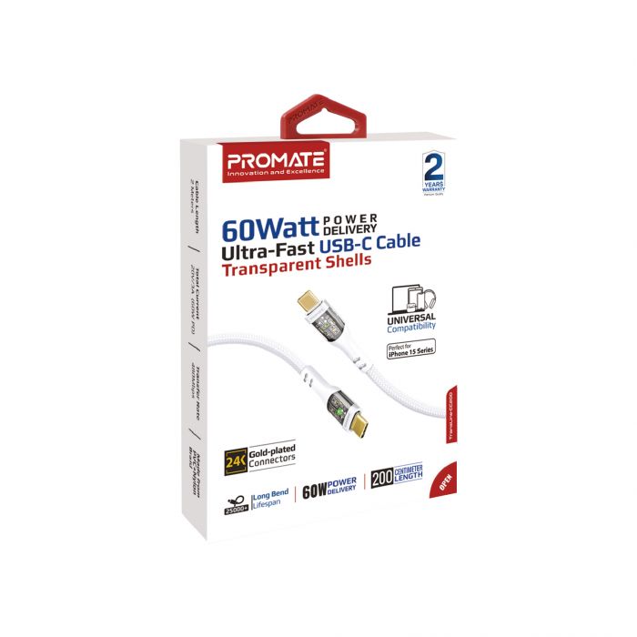 Кабель Promate TransLine-CC200 USB Type-C - USB Type-C (M/M), 3 A, 60 W, 2 м, White