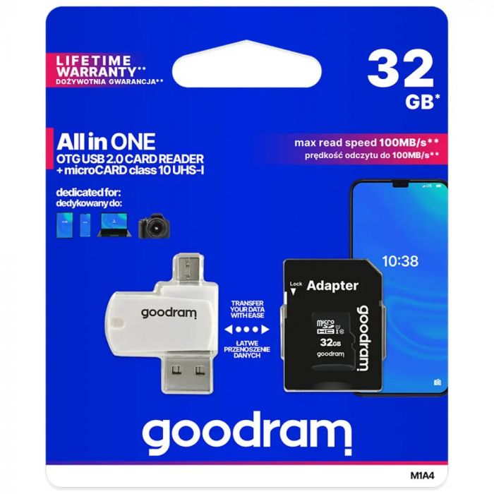 Карта пам`ятi MicroSDHC 32GB UHS-I Class 10 GOODRAM + SD-adapter + OTG Card reader (M1A4-0320R12)