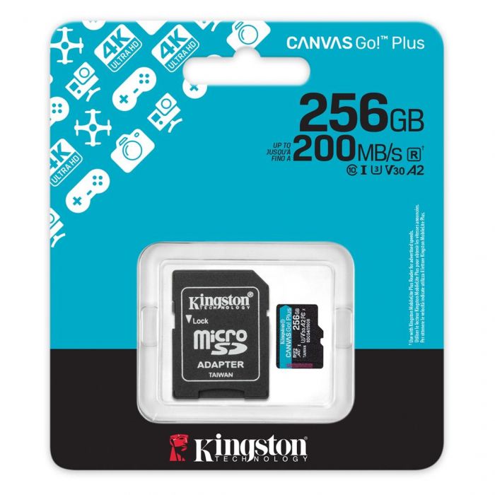 Карта пам`яті MicroSDXC   256GB UHS-I/U3 Class 10 Kingston Canvas Go! Plus R200/W160MB/s + SD-адаптер (SDCG4/256GB)