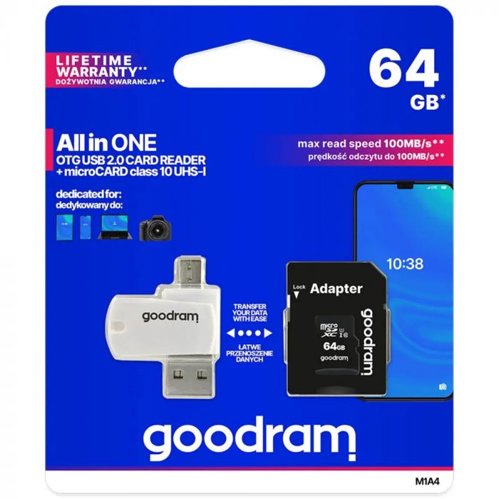 Карта пам`ятi MicroSDXC 64GB UHS-I Class 10 GOODRAM + SD-adapter + OTG Card reader (M1A4-0640R12)