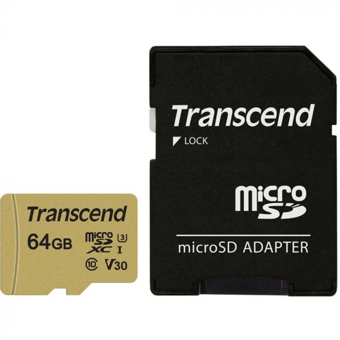 Карта пам`ятi MicroSDXC 64GB UHS-I/U3 Class 10 Transcend 500S + SD-adapter (TS64GUSD500S)