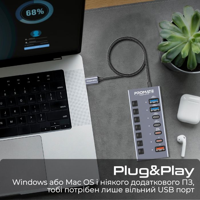 Концентратор USB Type-C Promate Gegahub-10G 7 in 1 Grey (gegahub-10g)