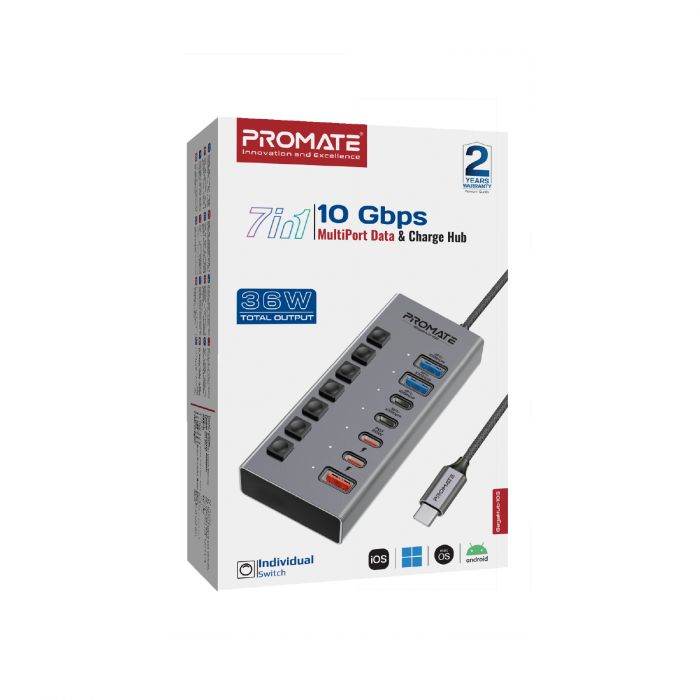 USB-хаб Promate Gegahub-10G USB Type-C 7-в-1 Grey