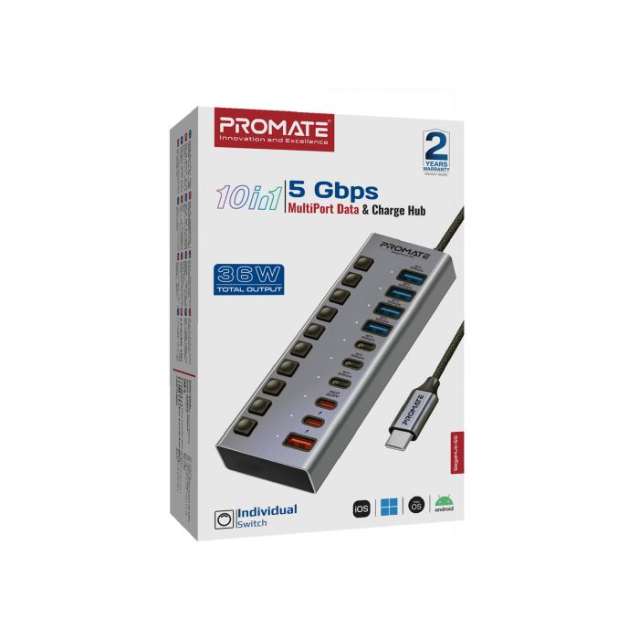 Концентратор USB Type-C Promate Gegahub-5G 10 in 1 Grey (gegahub-5g)