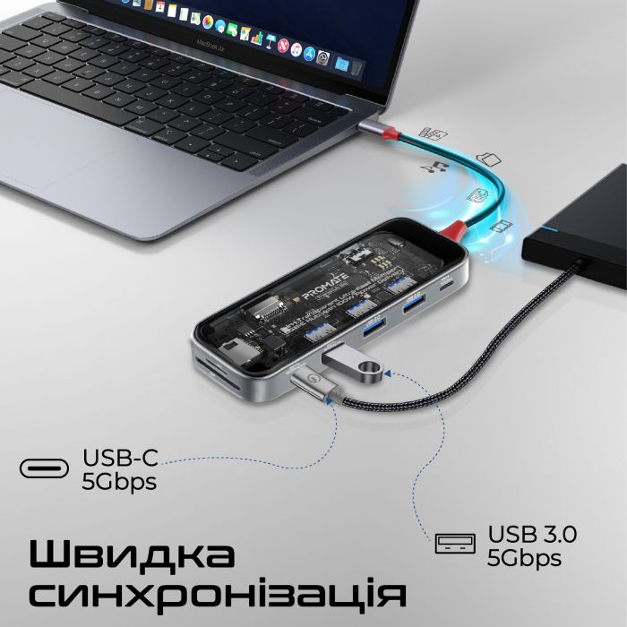 USB-хаб Promate TransHub-Go USB Type-C 9-в-1 Grey